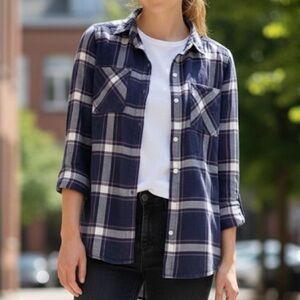 H&M Women’s Navy Blue & Pink Plaid 100% Cotton Flannel Button-Down Shirt